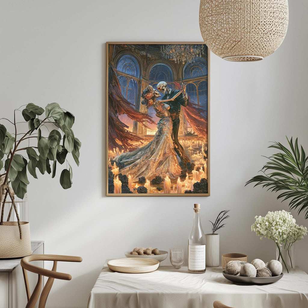 a painting of a couple dancing in a ballroom, surrounded by candles and other decorative elements, such as a potted plant and a vase.