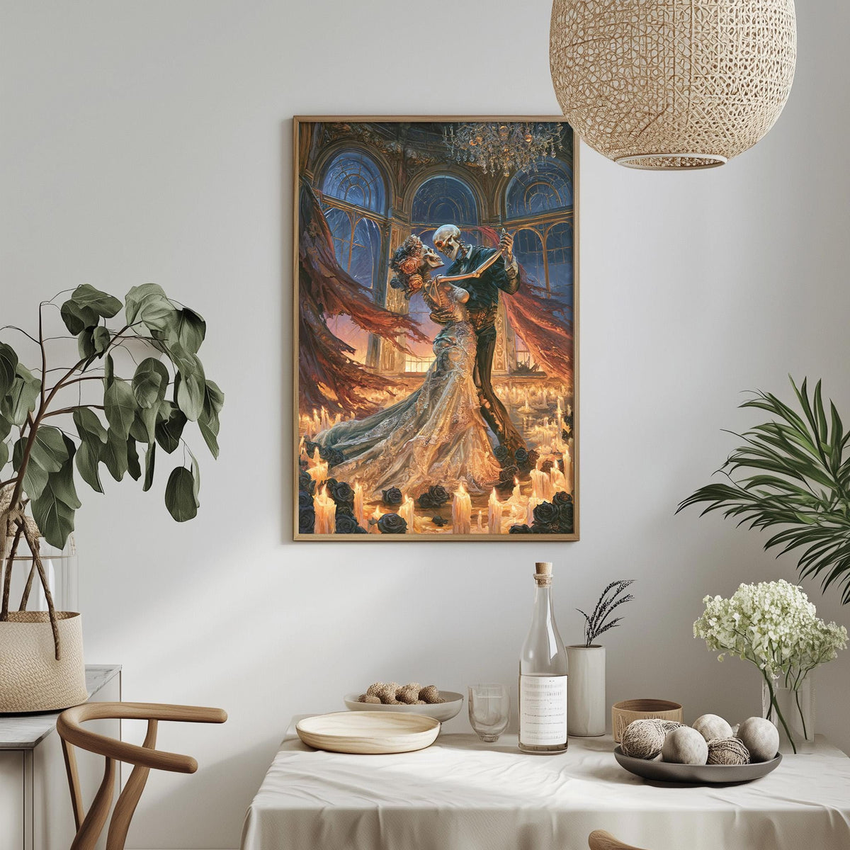 a painting of a couple dancing in a ballroom, surrounded by candles and other decorative elements, such as a potted plant and a vase.