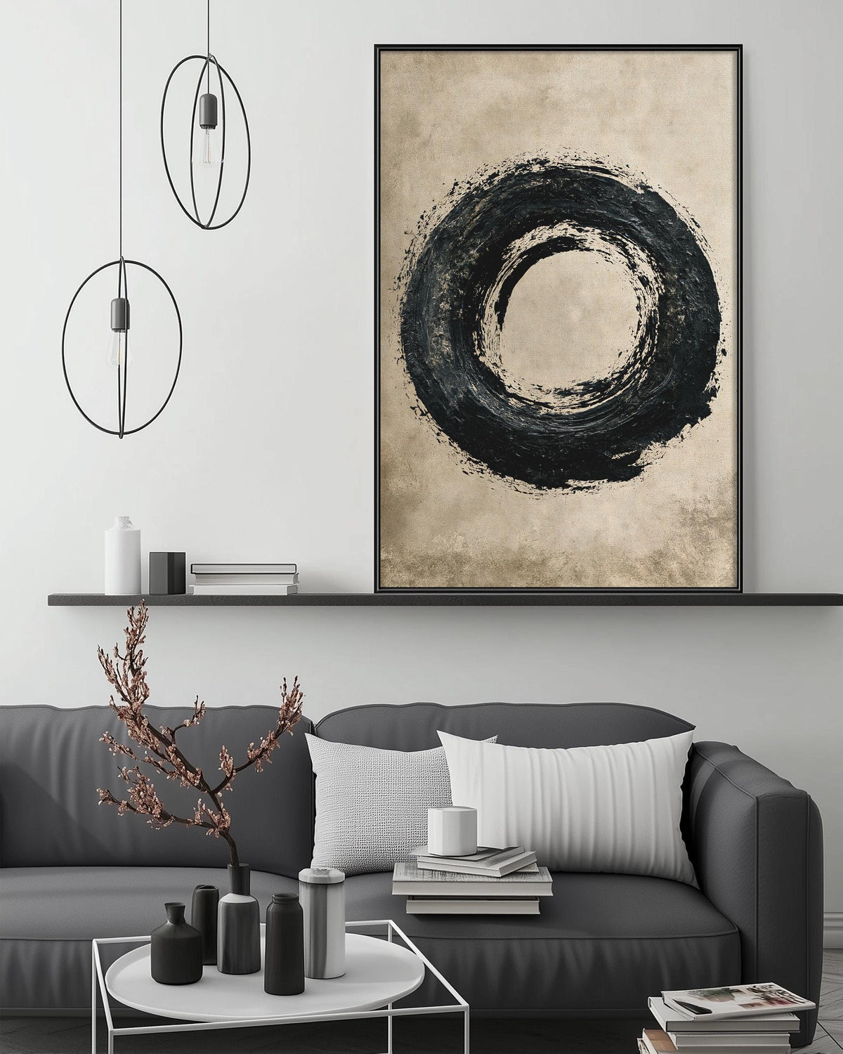 a modern living room with a gray sofa, a coffee table, and a large abstract painting hanging on the wall above the sofa.