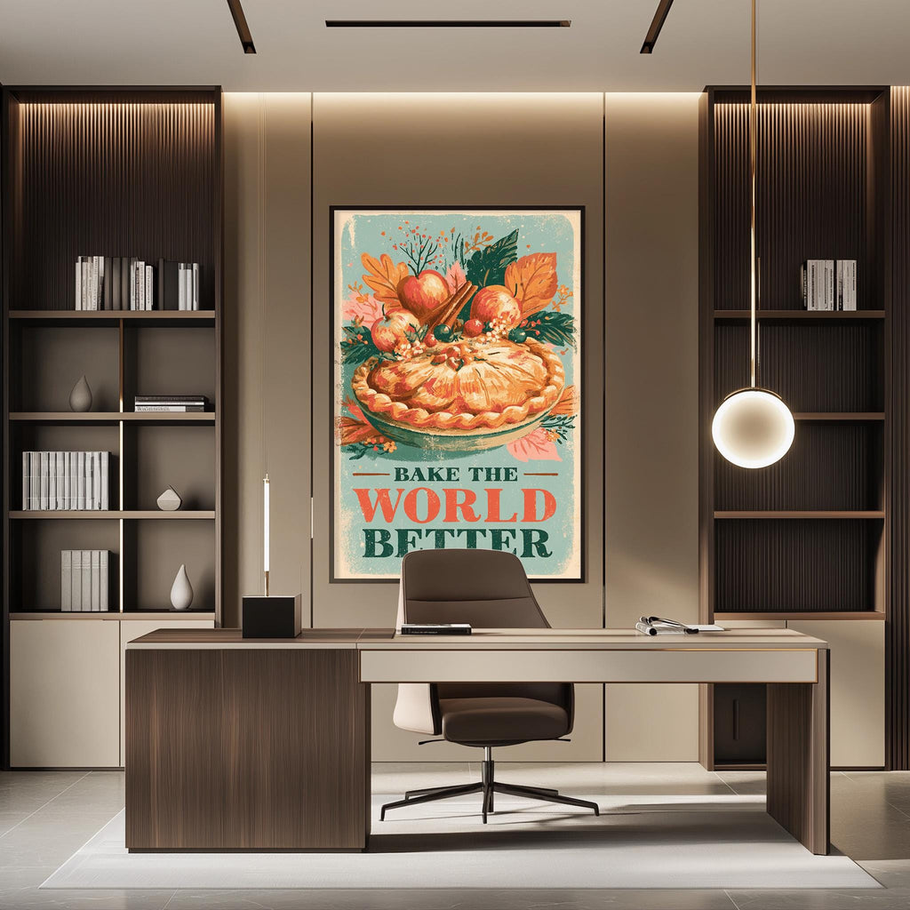 a modern office space with a large framed poster on the wall that says "Dake the WORLD better". The office has a wooden desk, a chair, and a bookshelf filled with books. The overall design and decor create a professional and stylish atmosphere.