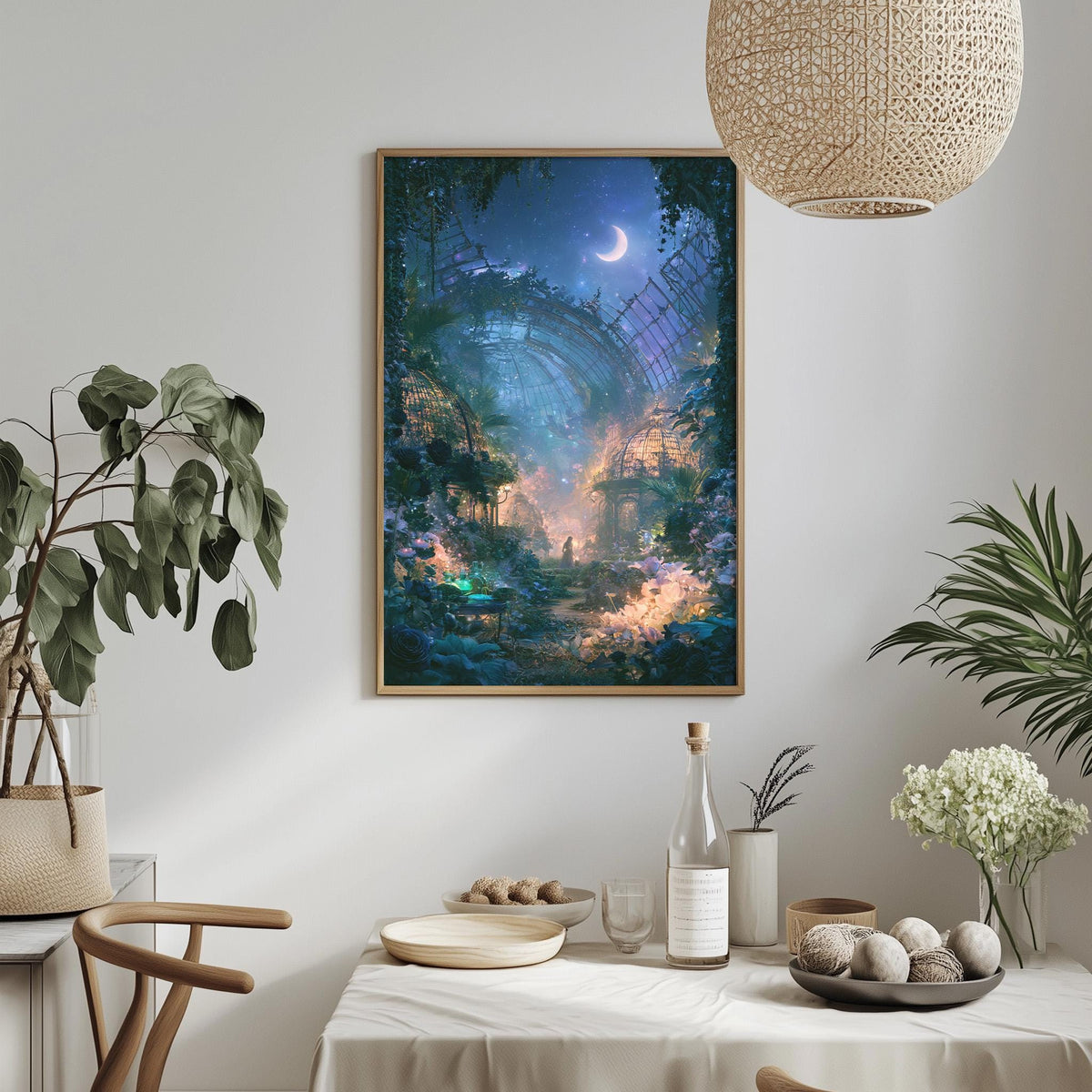 a serene and fantastical scene of a garden at night, with a crescent moon illuminating the landscape. The garden is adorned with various plants and flowers, creating a lush and vibrant atmosphere. A dining table is set up in the foreground, with a bottle, a bowl, and a vase placed on it, suggesting a meal or gathering taking place. The overall scene is a captivating and imaginative depiction of a dreamlike garden setting.