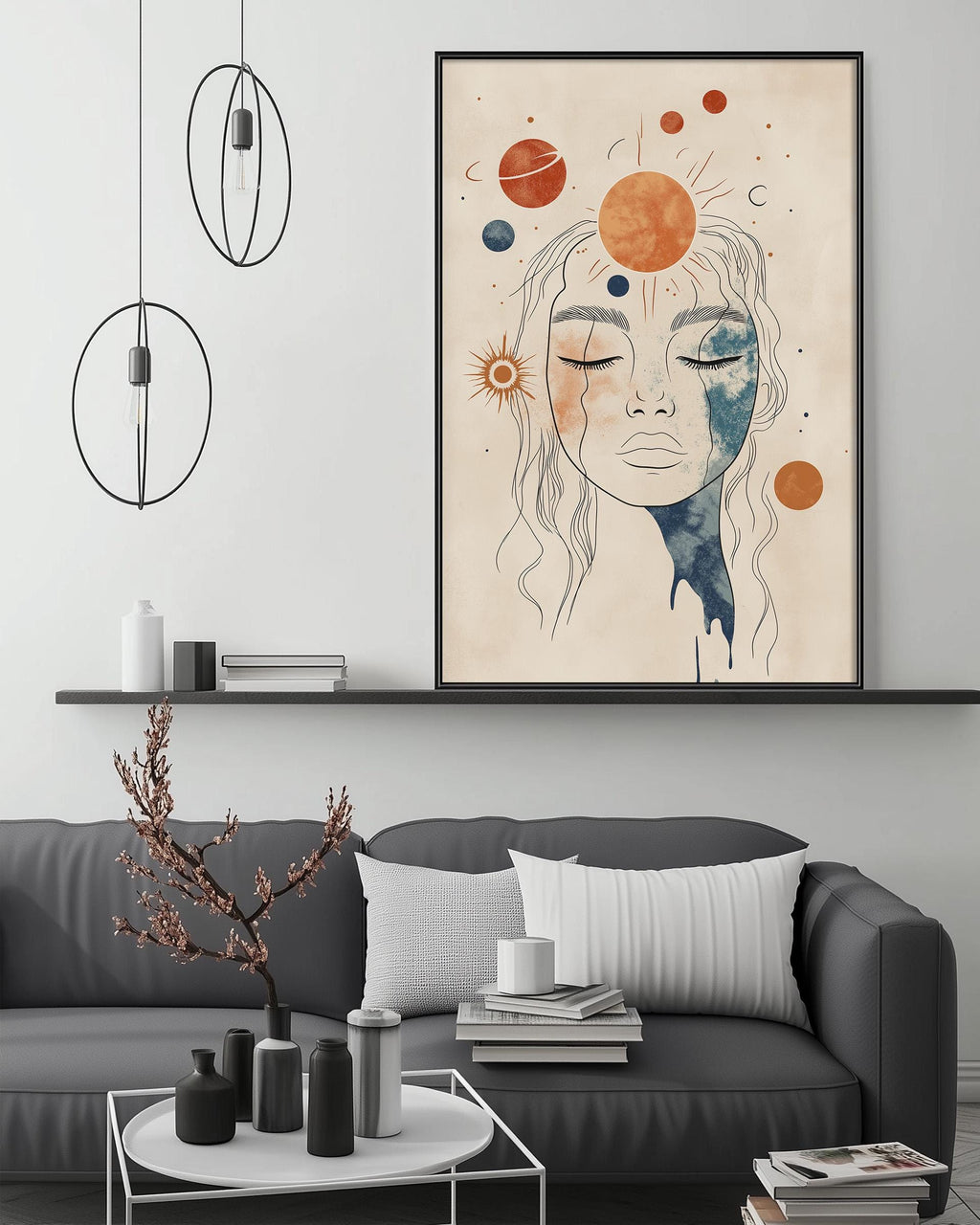 a modern living room with a gray sofa, a coffee table, and a large abstract painting hanging on the wall above the sofa.