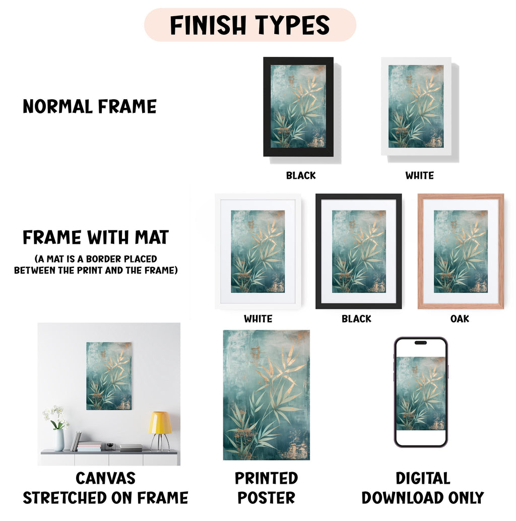 various types of artwork, including a framed print, a canvas stretched on a frame, a printed poster, and a digital download. The artwork is presented in different frame colors and styles, such as a normal frame, a black frame, a white frame, and an oak frame. The artwork is displayed in different settings, such as a wall, a shelf, and a table. The image also includes text that provides information about the artwork, such as the finish types and the materials used.