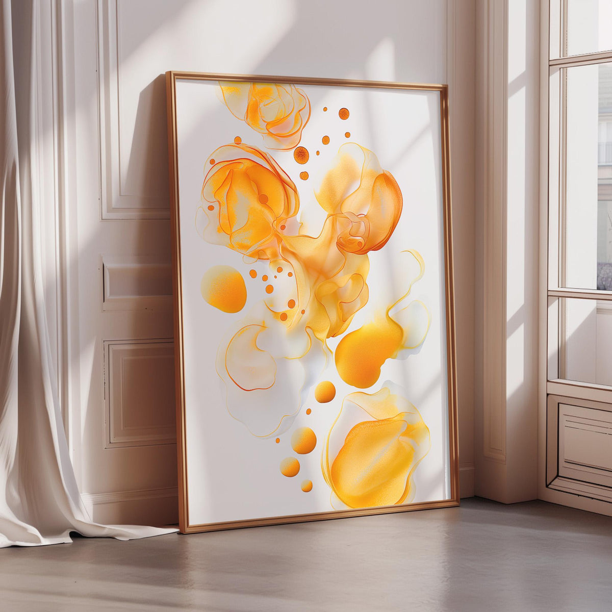 a large, framed abstract painting with a vibrant yellow and orange color scheme, depicting a dynamic and energetic composition of swirling shapes and patterns.