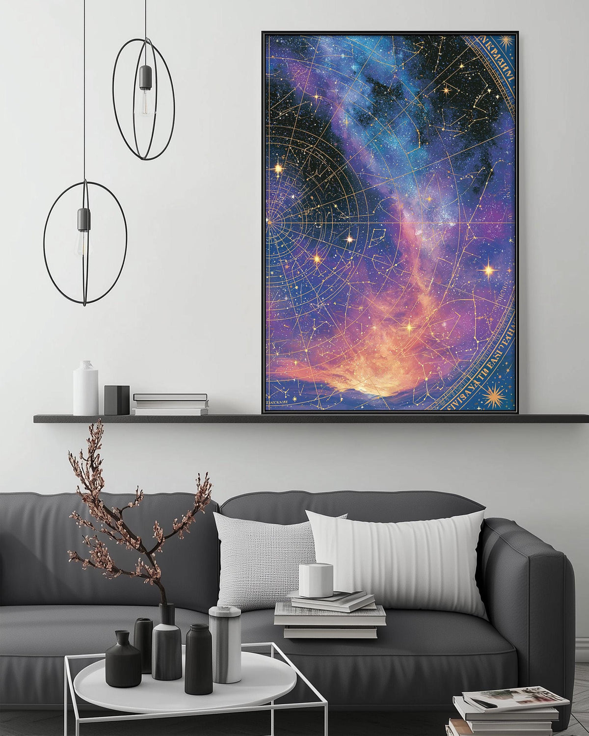 a large, colorful painting of a starry night sky hanging on a wall above a gray couch in a living room setting.
