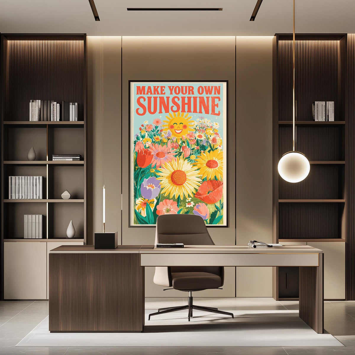 a modern office space with a large framed poster of a sunflower and the text "MAKE YOUR OWN SUNSHINE" on the wall. The office has a wooden desk, a chair, and a bookshelf filled with books.