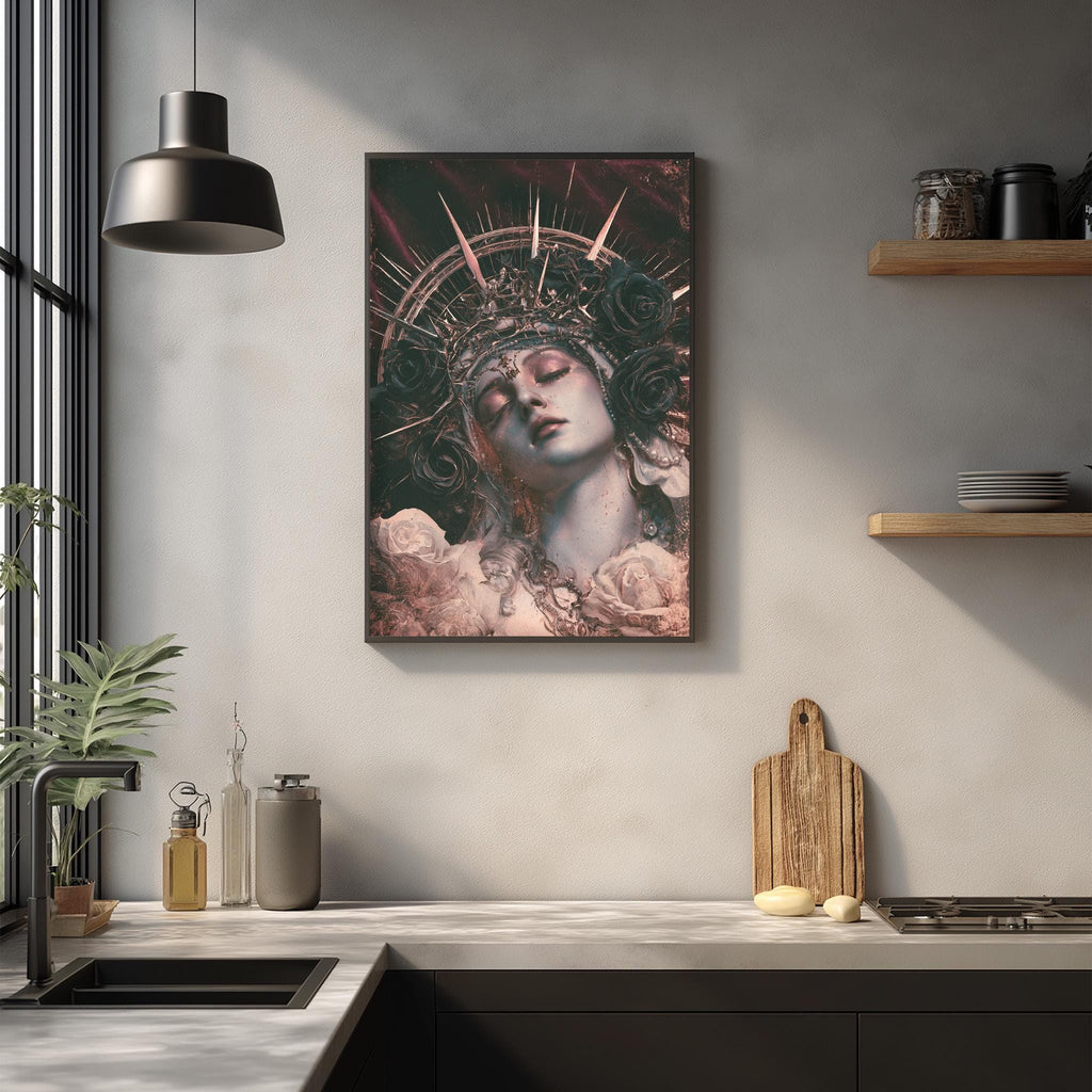 a framed artwork of a woman's face with a crown-like headdress, hanging on a wall above a kitchen counter with various kitchen items and decor.