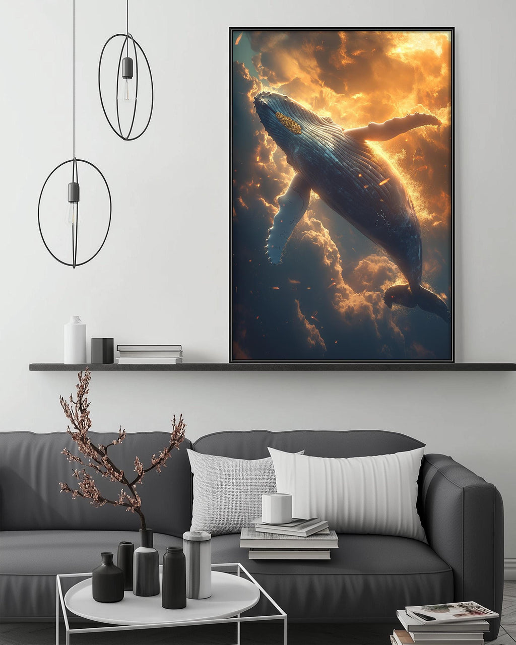 a large framed painting of a whale swimming in the ocean, with a dramatic sky in the background. The painting is hanging on a wall above a gray couch, which has a coffee table in front of it. The room has a minimalist and modern design, with a few decorative items and lighting fixtures.