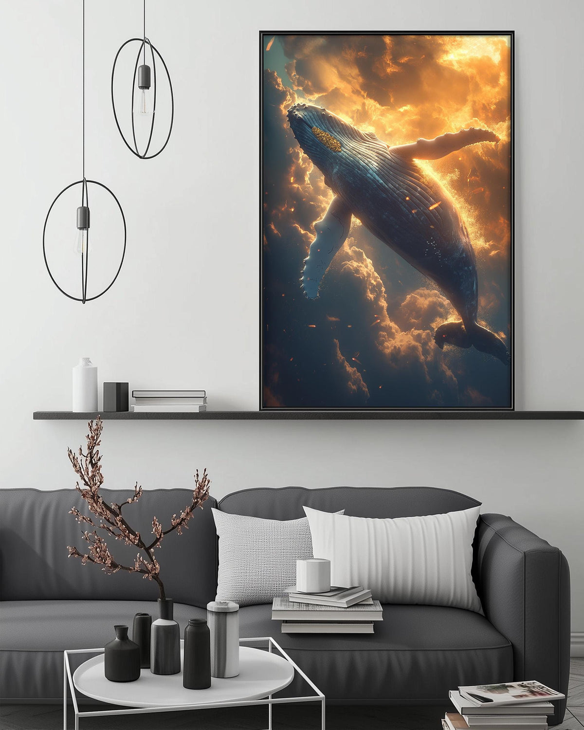 a large framed painting of a whale swimming in the ocean, with a dramatic sky in the background. The painting is hanging on a wall above a gray couch, which has a coffee table in front of it. The room has a minimalist and modern design, with a few decorative items and lighting fixtures.
