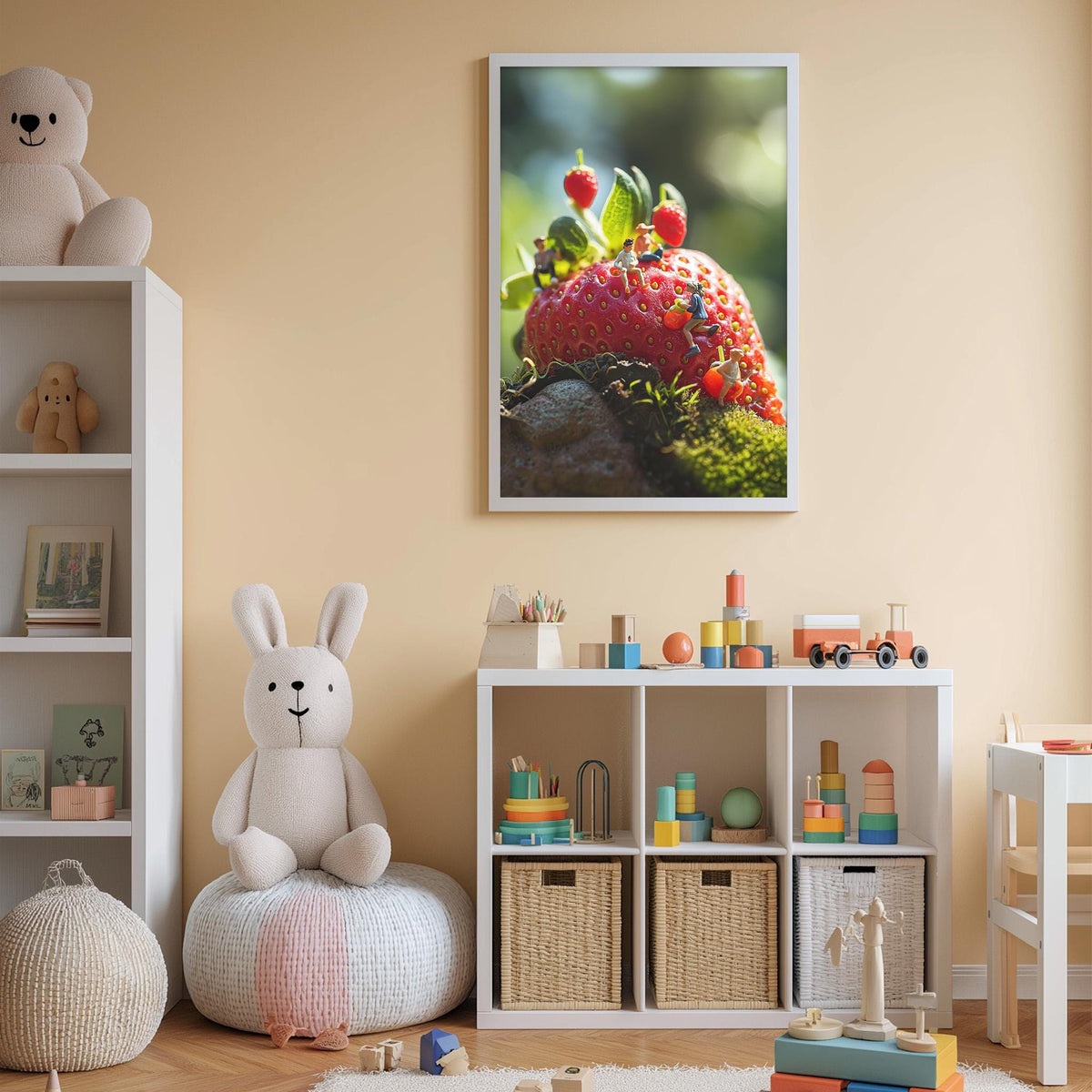 A cozy children's room with a white rabbit plush toy, a shelf with toys and storage bins, and a framed picture of a strawberry on the wall.