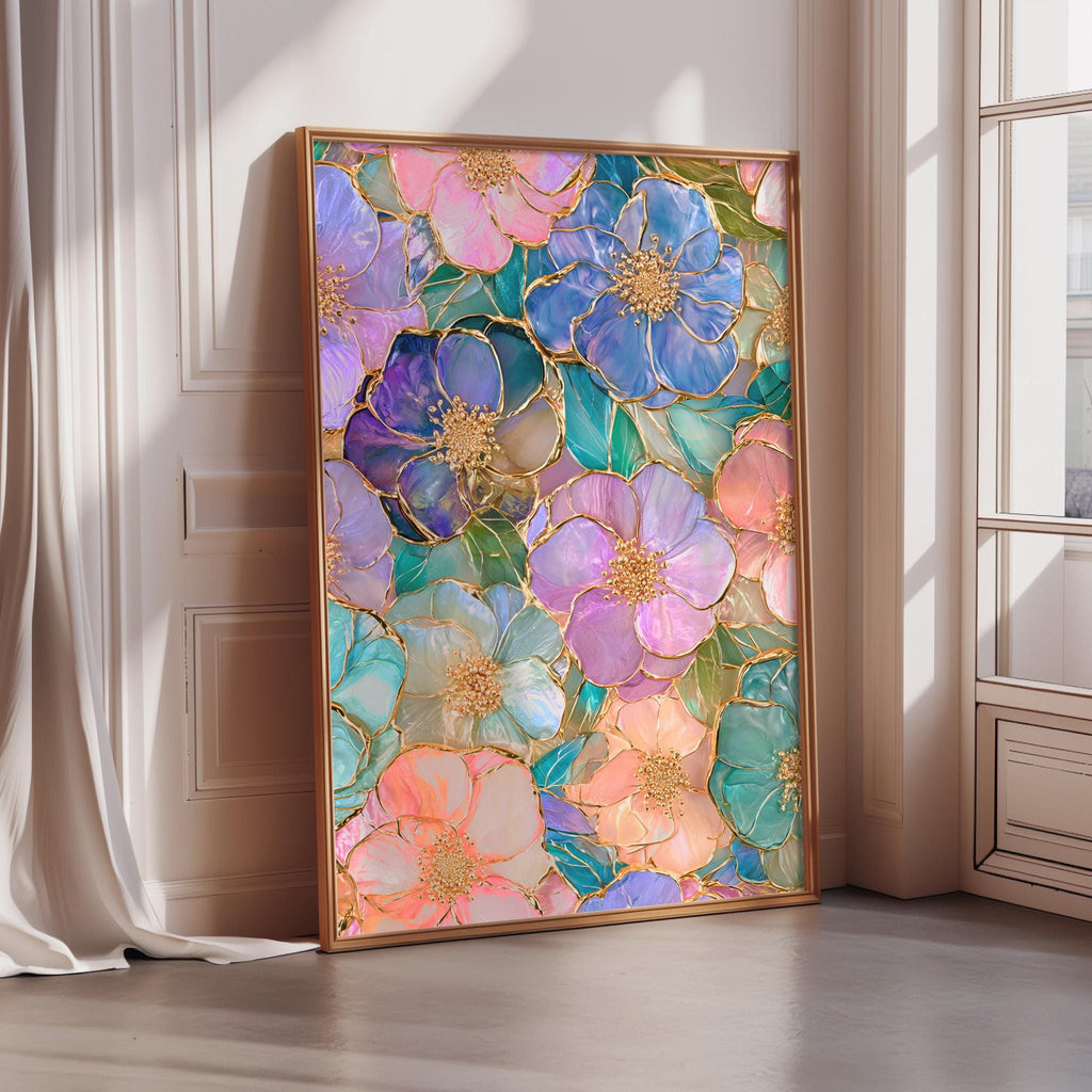A large framed painting depicting a vibrant and colorful floral design with various shades of pink, blue, green, and purple flowers.