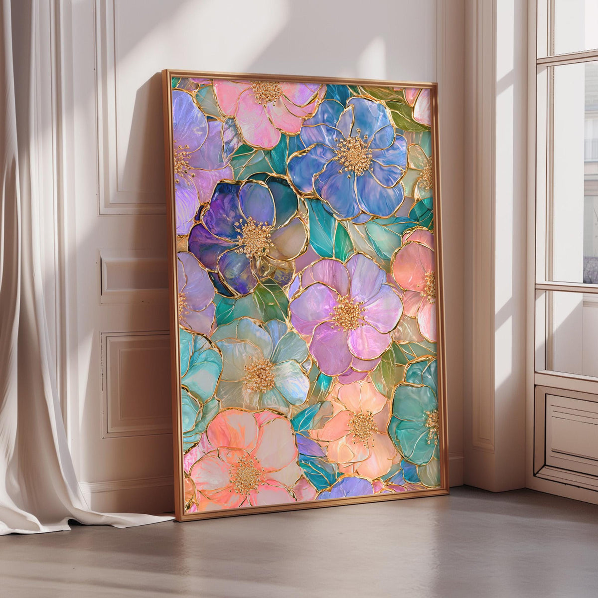 A large framed painting depicting a vibrant and colorful floral design with various shades of pink, blue, green, and purple flowers.