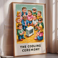 The image is a framed illustration depicting a group of people gathered around a small white object, which appears to be a cooling device, possibly a fan or air conditioner.