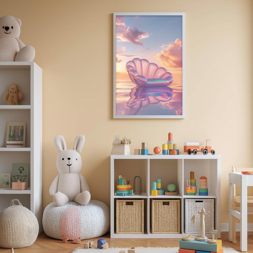 A child's bedroom with a large white bookshelf, a stuffed rabbit, and a colorful toy set. The walls are painted a light peach color, and a framed picture of a shell with a sunset reflection is displayed above the bookshelf.