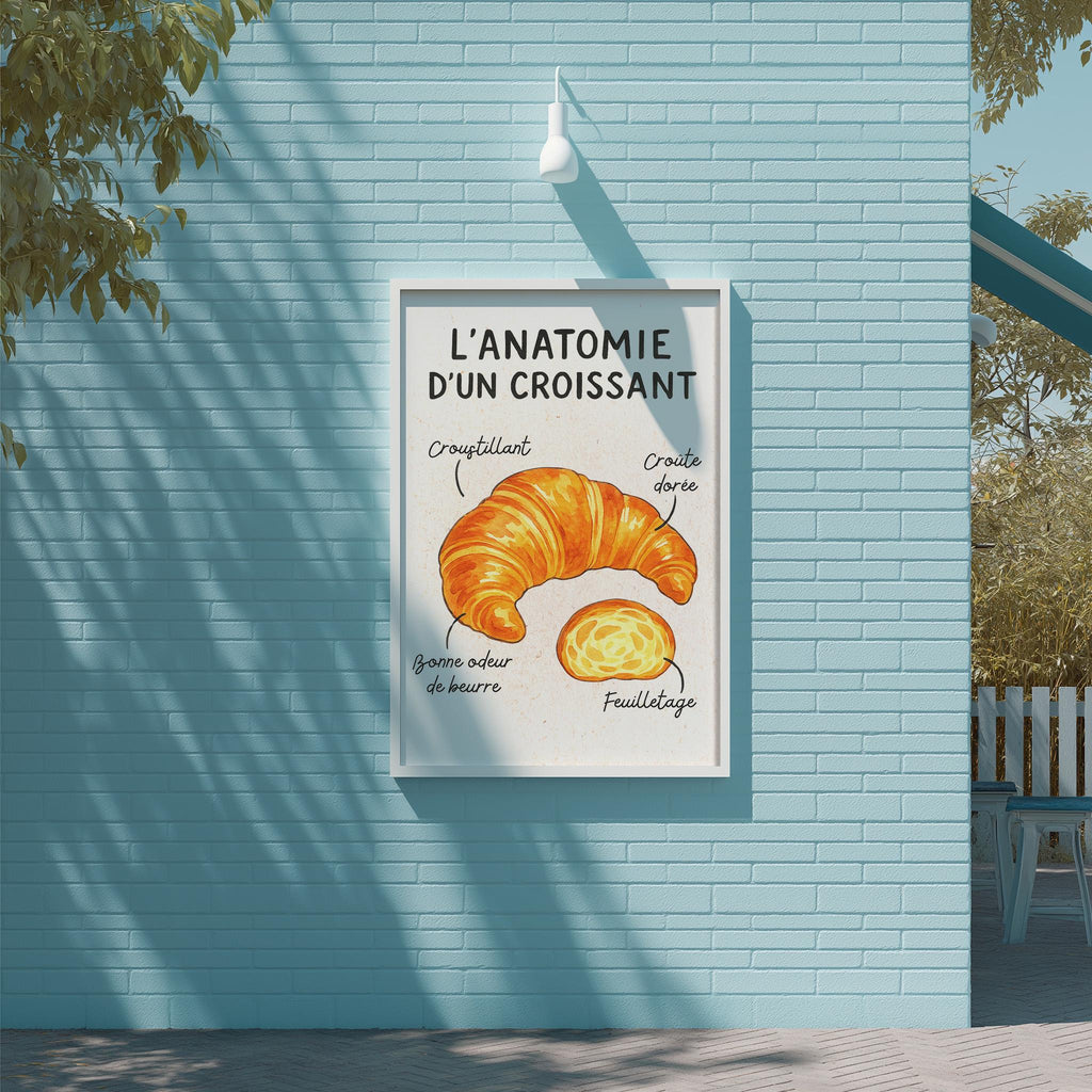 a poster on a blue brick wall that provides an anatomical illustration of a croissant, including labeled parts such as the crissant, the dough, and the filling.