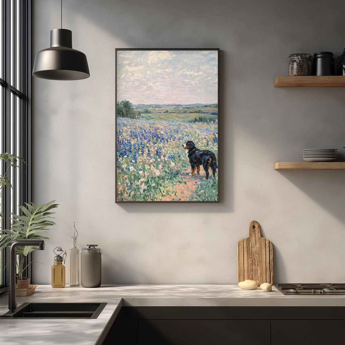a framed painting of a dog standing in a field of flowers, hanging on a wall above a kitchen counter.