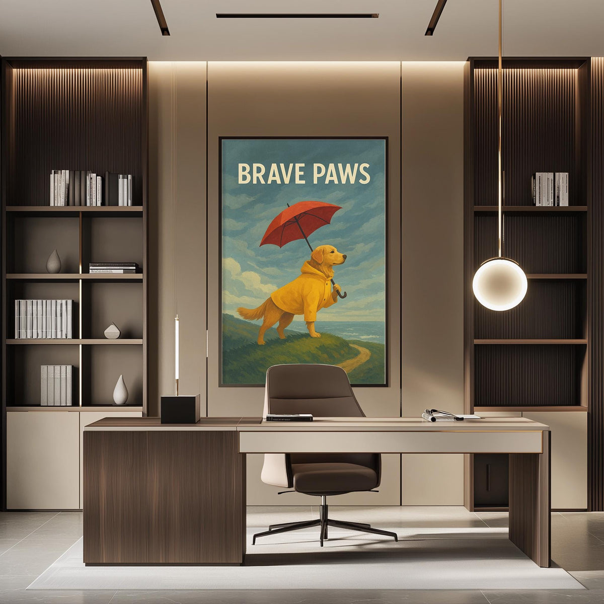 a modern office space with a large framed poster of a dog holding an umbrella on the wall. The poster has the text "BRAVE PAWS" written on it. The office has a wooden desk, a chair, and a bookshelf filled with books.
