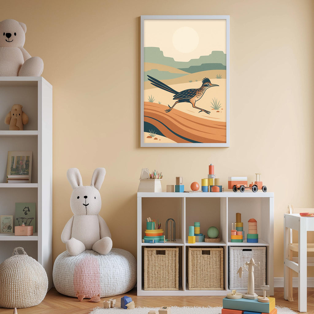 A child's bedroom with a large bird poster on the wall, a stuffed rabbit, a toy train, and a toy car. The room has a beige color scheme and appears to be well-organized with storage bins and toys.