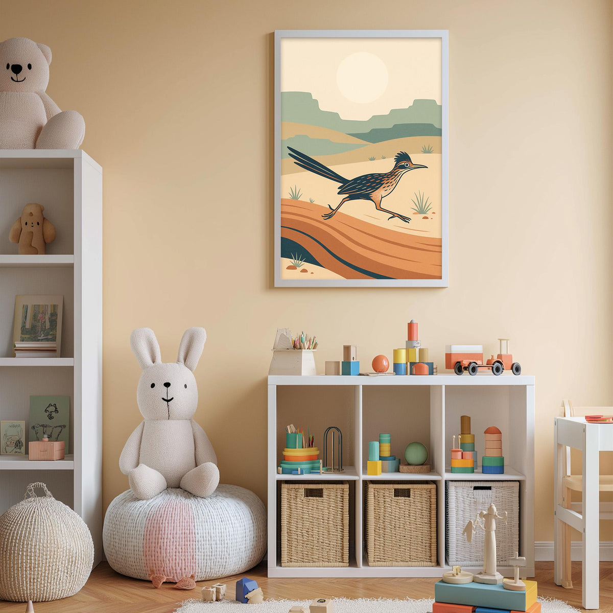A child's bedroom with a large bird poster on the wall, a stuffed rabbit, a toy train, and a toy car. The room has a beige color scheme and appears to be well-organized with storage bins and toys.