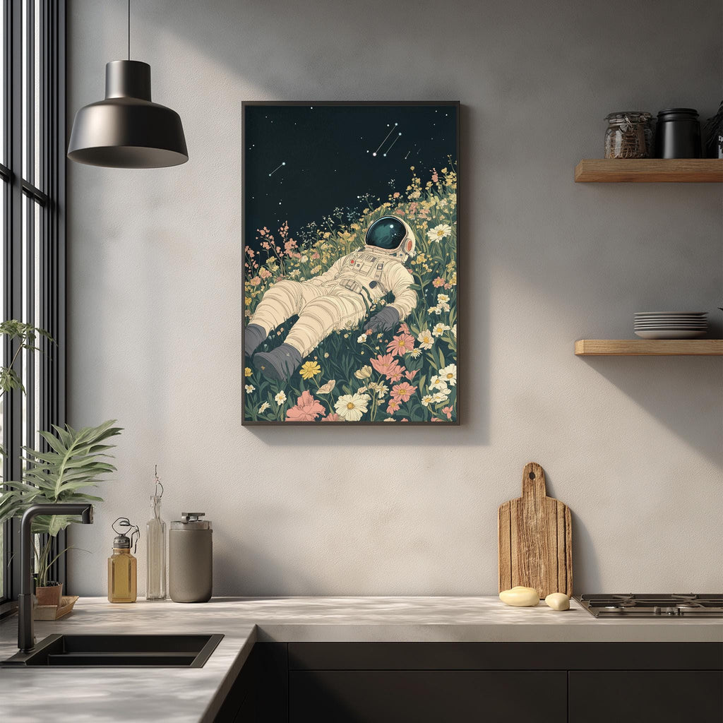 a framed artwork depicting an astronaut floating in a field of flowers, with a starry night sky in the background.