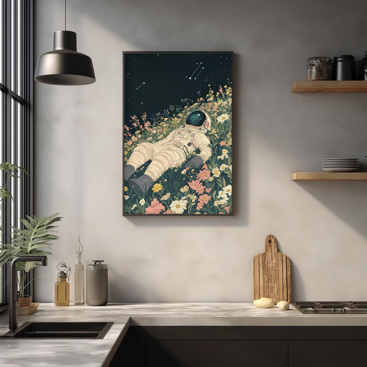 a framed artwork depicting an astronaut floating in a field of flowers, with a starry night sky in the background.