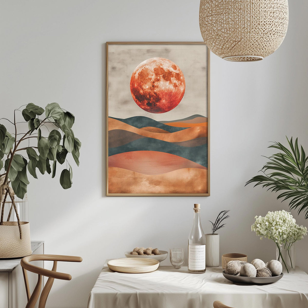 a dining table with a white tablecloth, a bowl of fruit, a bottle, and a vase with flowers. Above the table, there is a framed painting of a large red moon in the sky.