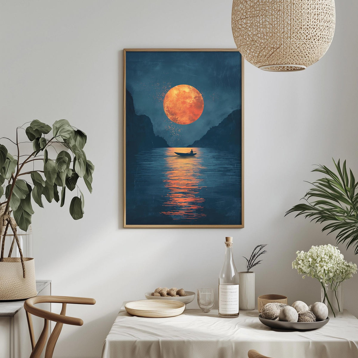 a serene scene of a boat floating on a calm lake under a large orange moon, with a small island visible in the distance. The boat is silhouetted against the vibrant sky, creating a peaceful and tranquil atmosphere. The overall composition of the image is harmonious and visually appealing, with the use of color and lighting evoking a sense of calm and relaxation.