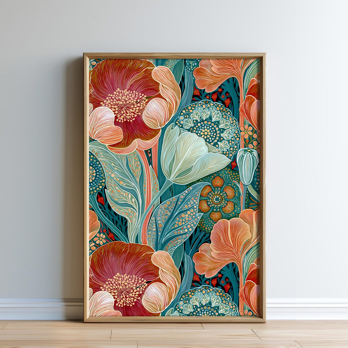 a vibrant and colorful floral pattern with various flowers and leaves in shades of red, orange, green, and blue. The flowers are arranged in a visually appealing manner, creating a lively and dynamic composition.