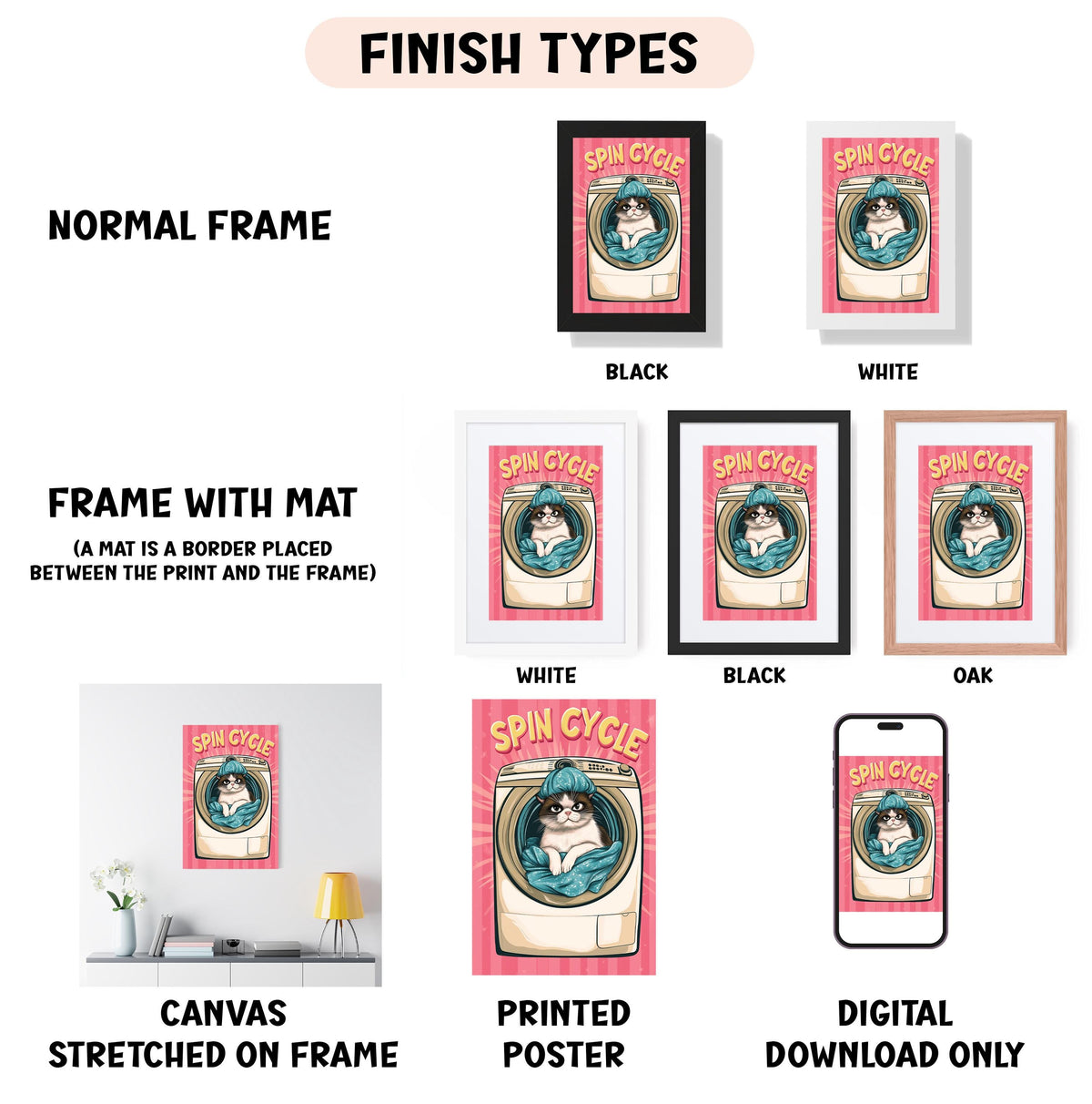 various finish types for a spin cycle poster, including a normal frame, a frame with a mat, a white frame, a black frame, an oak frame, a white canvas stretched on a frame, a printed poster, and a digital download only.