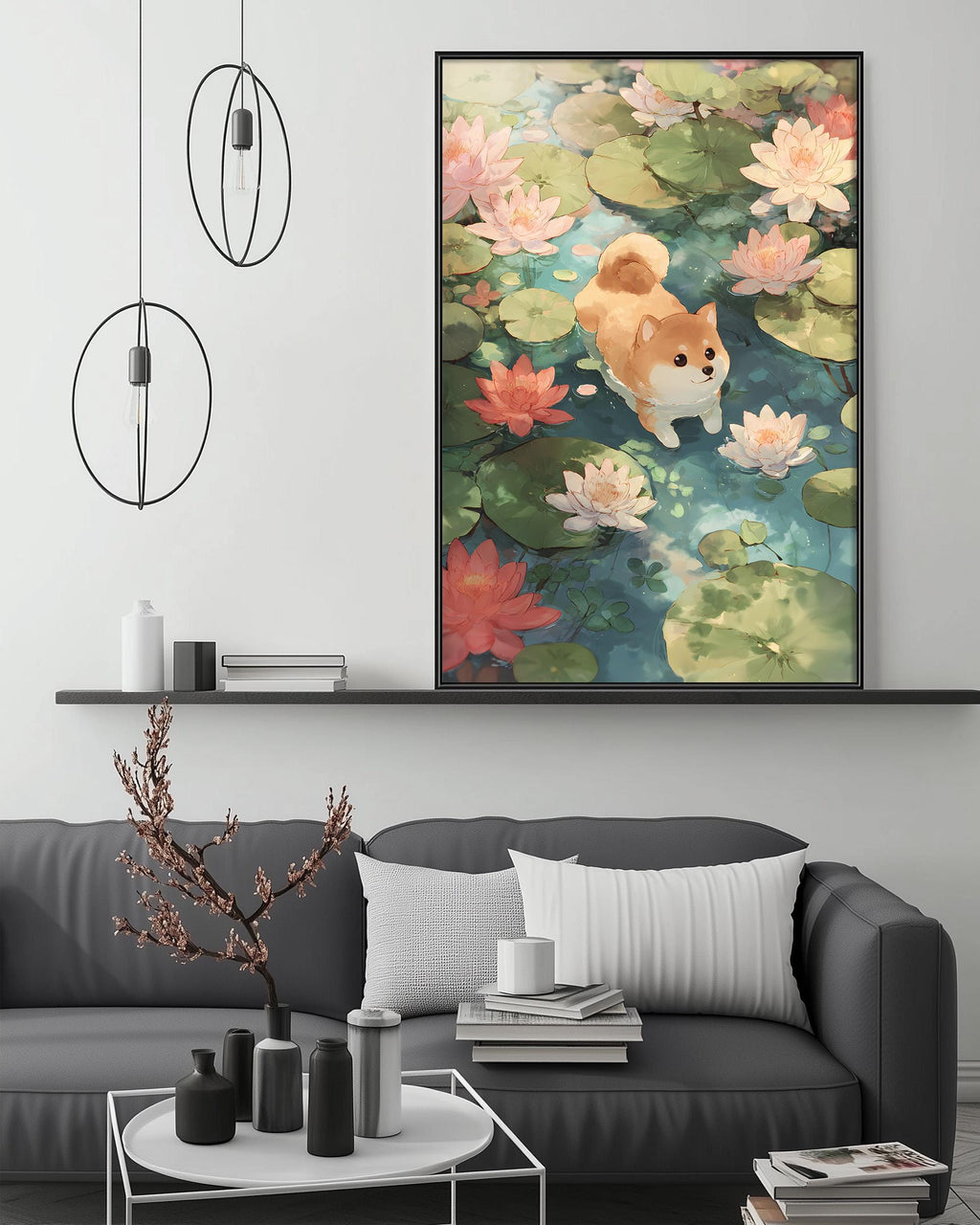 a cozy living room with a gray sofa, a coffee table, and a large framed painting of a dog swimming in a pond filled with lily pads and pink flowers.