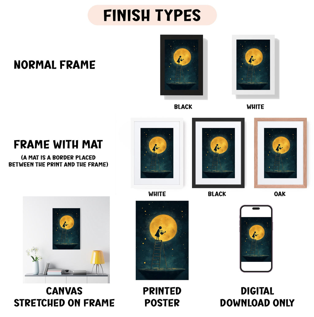 various framed artworks, including a canvas stretched on a frame, a framed poster, and a digital poster. The artworks are presented in different frame colors, such as black, white, and oak. The artworks depict a person standing on a ladder under a full moon, with a bird perched on a branch. The artworks are labeled as "NORMAL FRAME," "FRAME WITH MAT (A MAT IS A BORDER PLACED BETWEEN THE PRINT AND THE FRAME)," "CANVAS STRETCHED ON FRAME," "PRINTED POSTER," and "DIGITAL DOWNLOAD ONLY."
