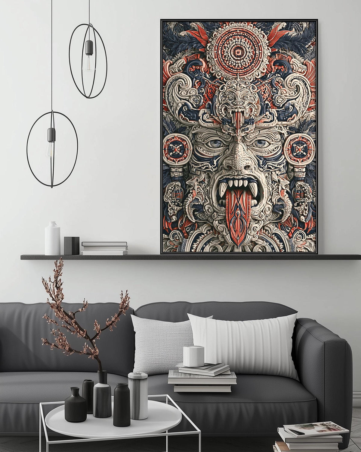 a large, colorful, and intricate artwork hanging on a wall above a gray couch in a living room setting.