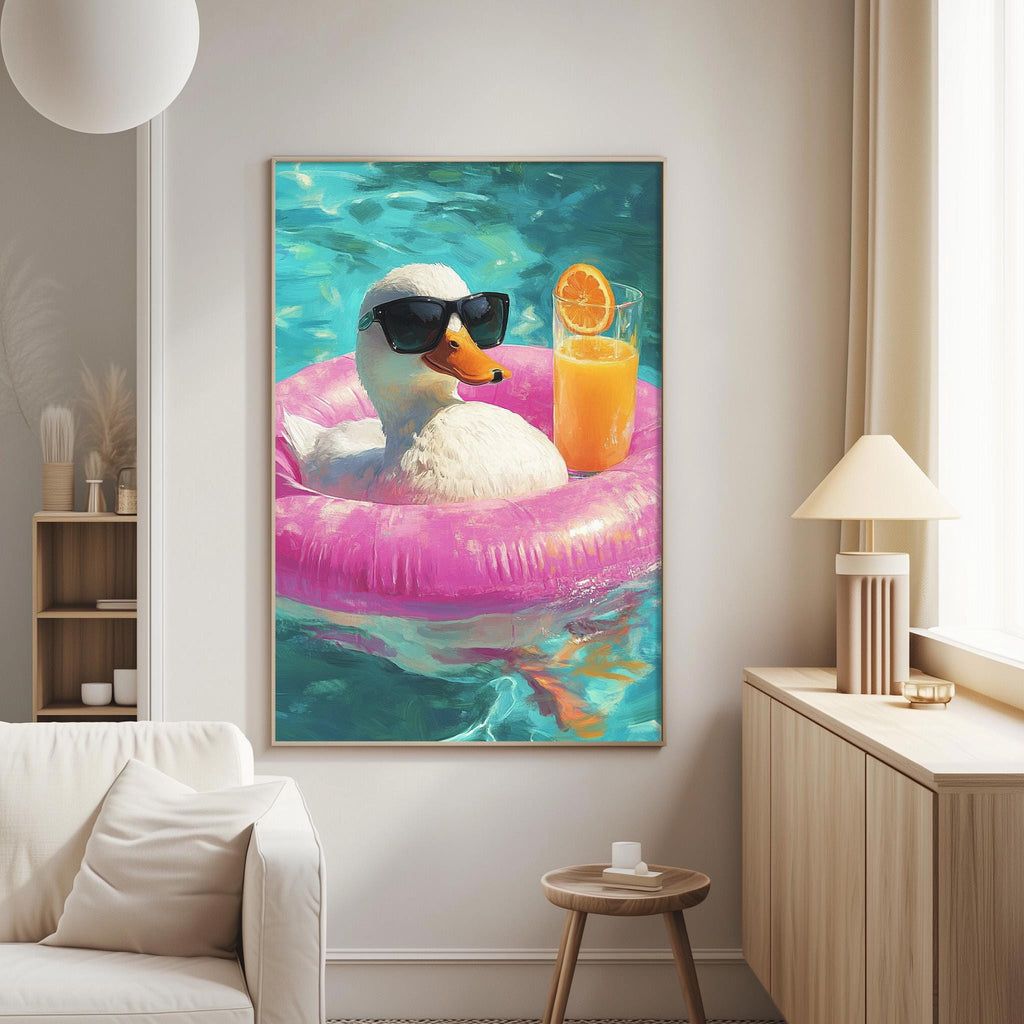 A duck wearing sunglasses and floating on a pink inner tube in a pool, with a glass of orange juice nearby.
