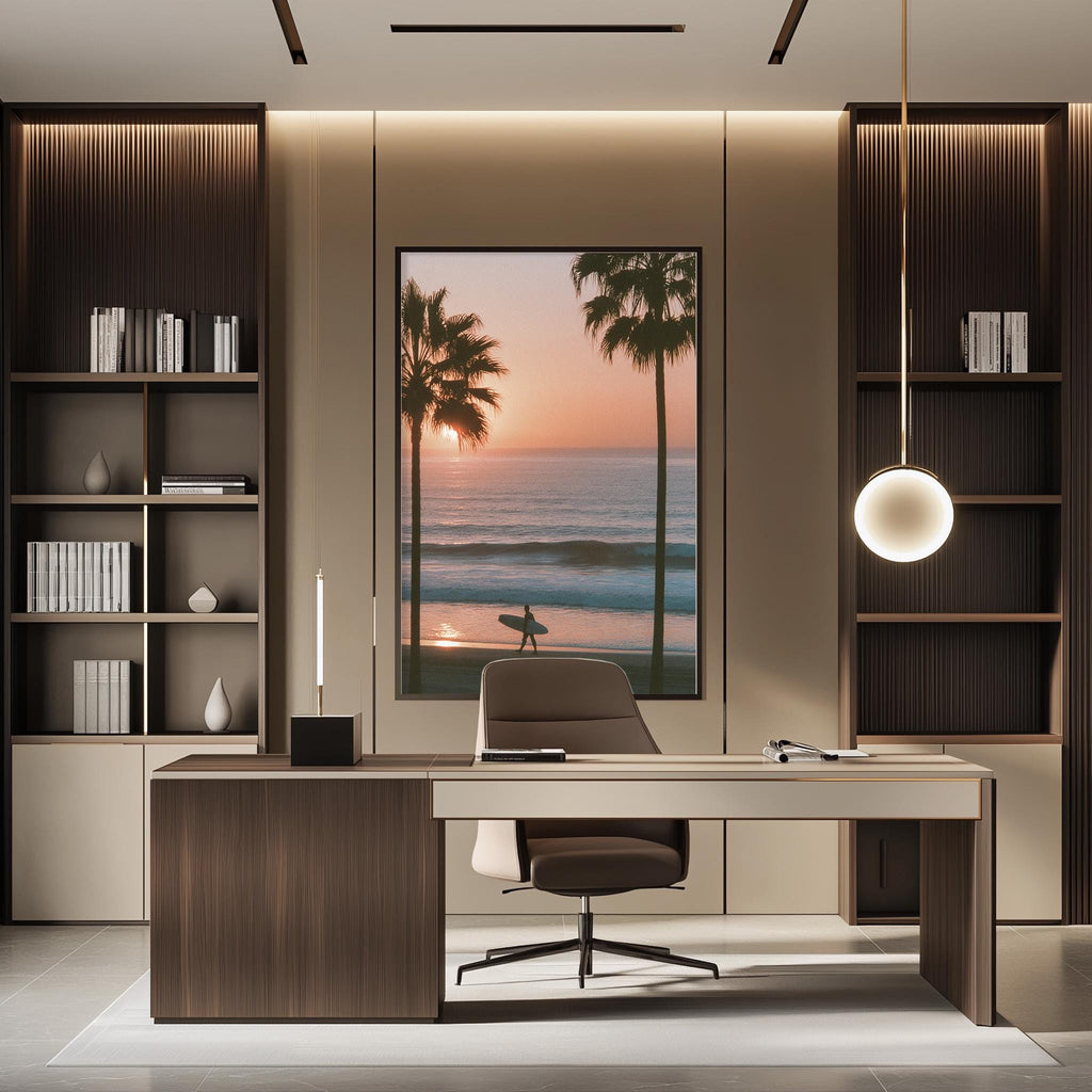 a modern office space with a large window that offers a view of a beach at sunset. The office has a wooden desk, a comfortable chair, and a bookshelf filled with books. The overall design and decor create a serene and relaxing atmosphere.
