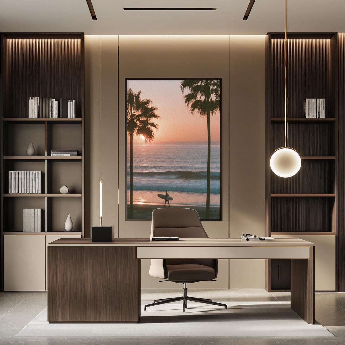 a modern office space with a large window that offers a view of a beach at sunset. The office has a wooden desk, a comfortable chair, and a bookshelf filled with books. The overall design and decor create a serene and relaxing atmosphere.