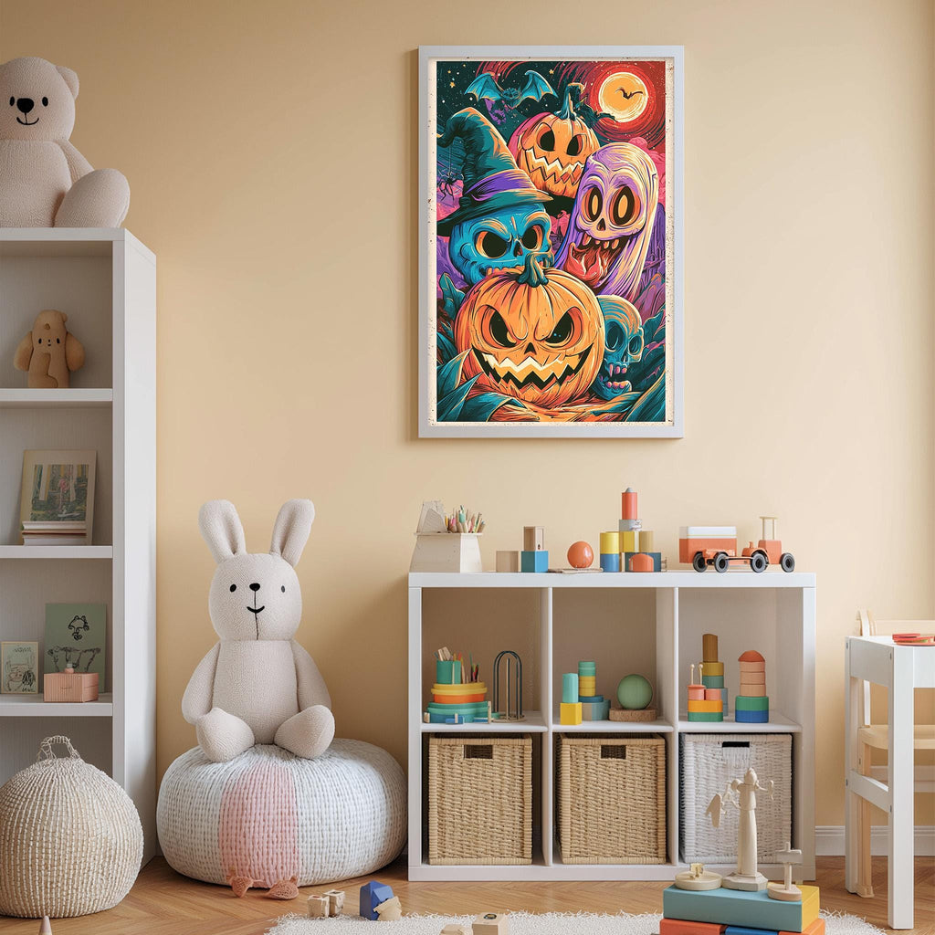 A child's bedroom with a white bookshelf, a stuffed rabbit, and a colorful Halloween-themed poster on the wall.
