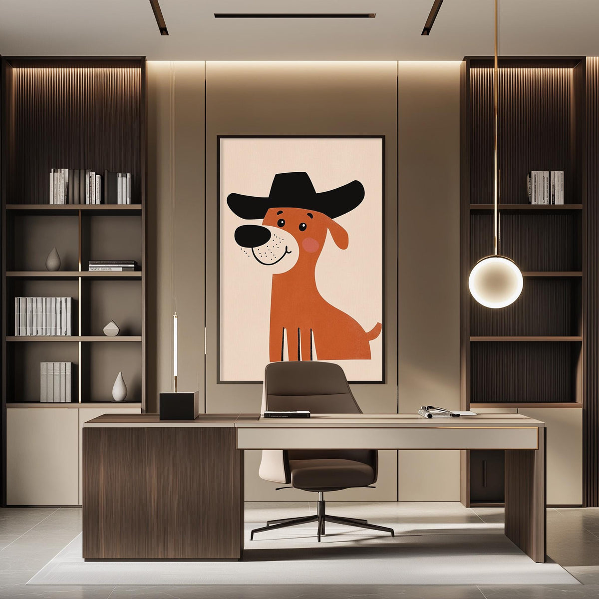 a modern office space with a large dog wearing a cowboy hat as the central focus. The office features a wooden desk, a comfortable chair, and a bookshelf filled with books. The overall design and decor create a stylish and professional atmosphere.