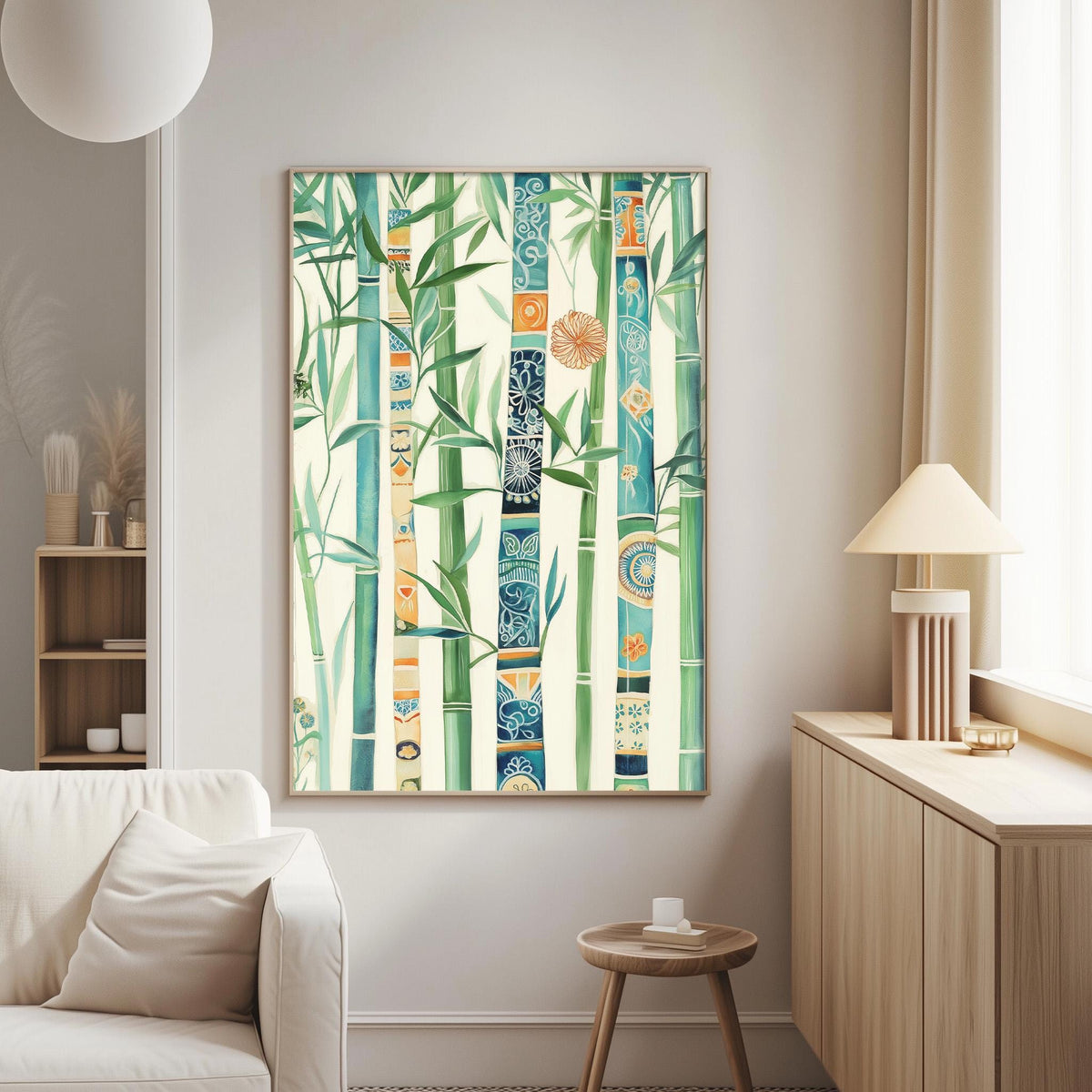 a living room with a large, colorful painting of bamboo plants hanging on the wall. The painting has a vibrant mix of green, blue, and orange colors, creating a lively and energetic atmosphere. The room also includes a white sofa, a wooden side table, and a lamp, contributing to a cozy and inviting ambiance.