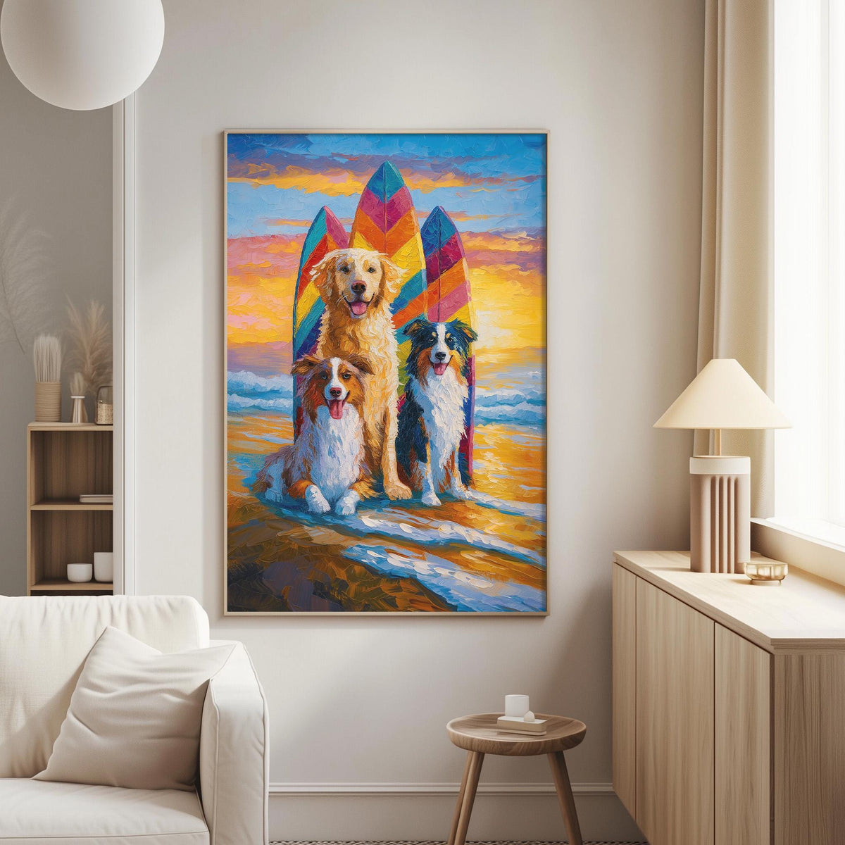 a vibrant painting of three dogs sitting on a beach, each holding a surfboard, with a colorful sunset in the background.