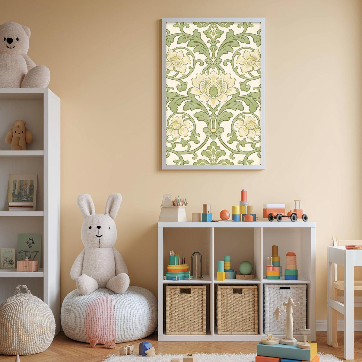 A cozy and well-organized children's playroom with a variety of toys and storage solutions. The room features a large white bookshelf, a plush white rabbit, and a colorful toy storage unit. A framed floral print is displayed on the wall, adding a decorative touch to the space.