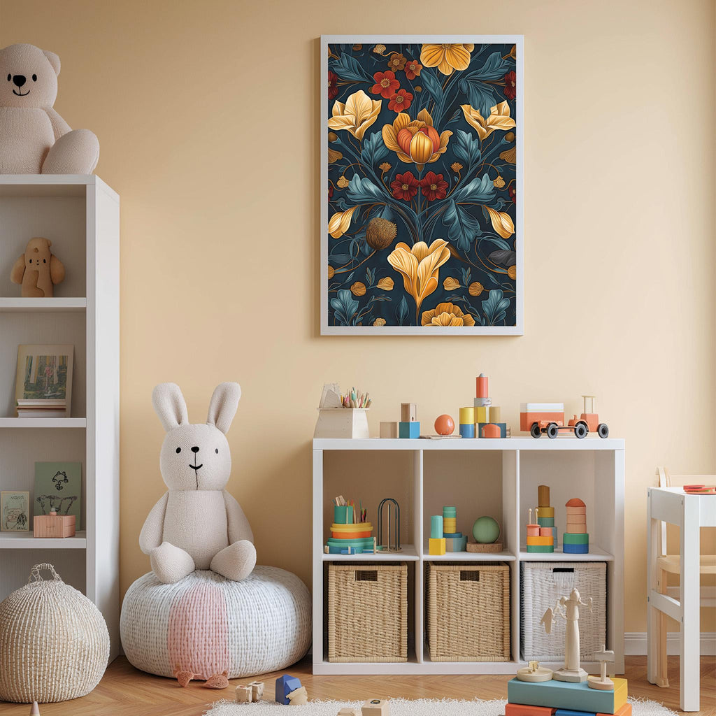 A cozy and colorful children's bedroom with a large floral print on the wall, a white bookshelf filled with toys, and a plush rabbit sitting on a bean bag chair.
