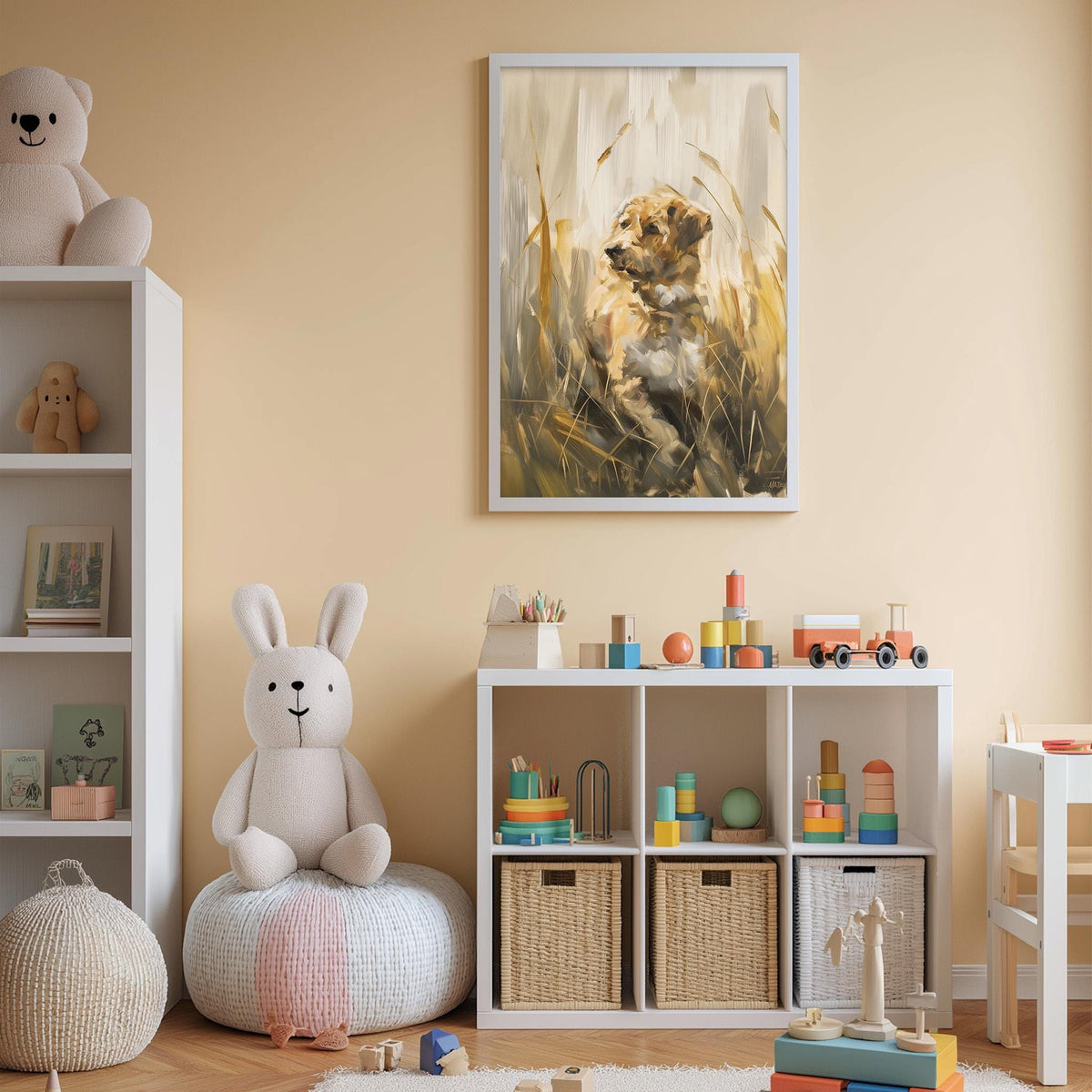 A cozy children's room with a white bookshelf, a stuffed rabbit, and a toy train. The walls are painted a light peach color, and there is a framed painting of a lion in the background.
