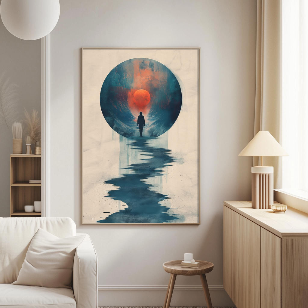 a large abstract painting hanging on a wall in a living room.