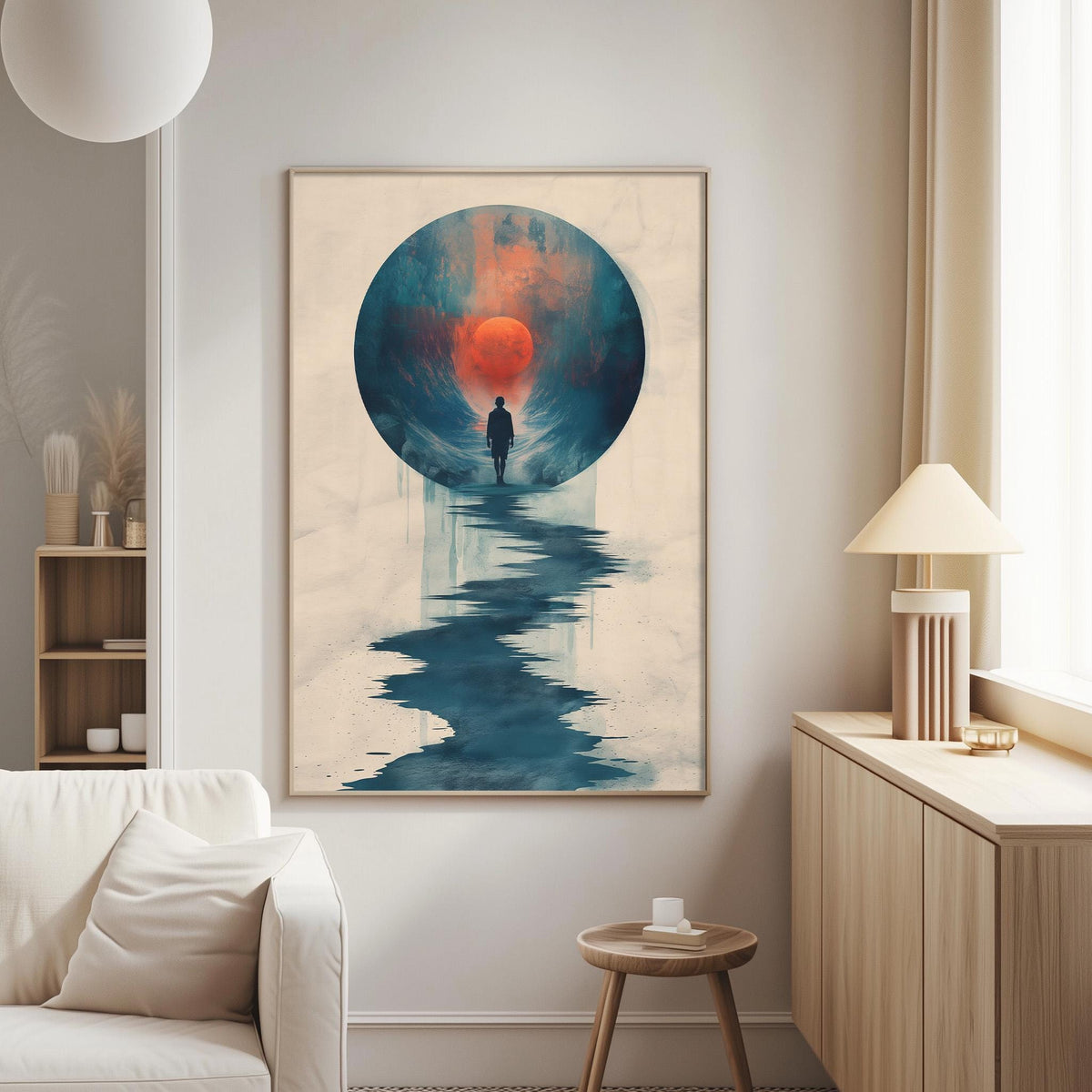 a large abstract painting hanging on a wall in a living room.