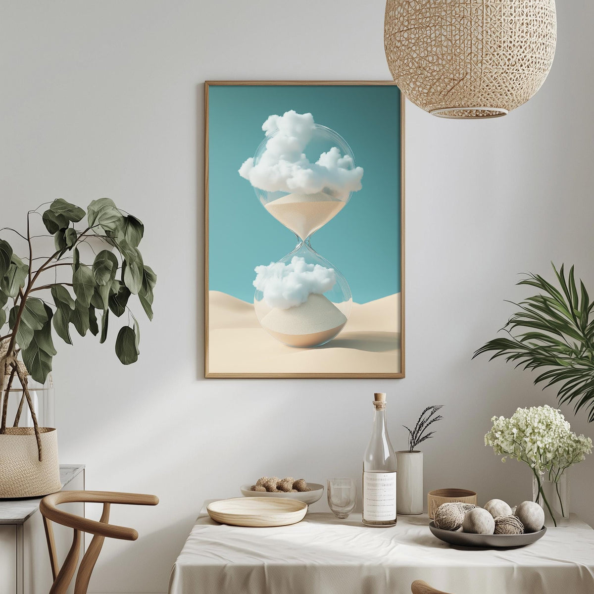 a dining table with a bowl of fruit, a bottle, and a vase of flowers, along with a potted plant and a hanging light fixture. Above the table, there is a framed artwork depicting a glass hourglass with clouds inside, creating a serene and artistic atmosphere in the room.