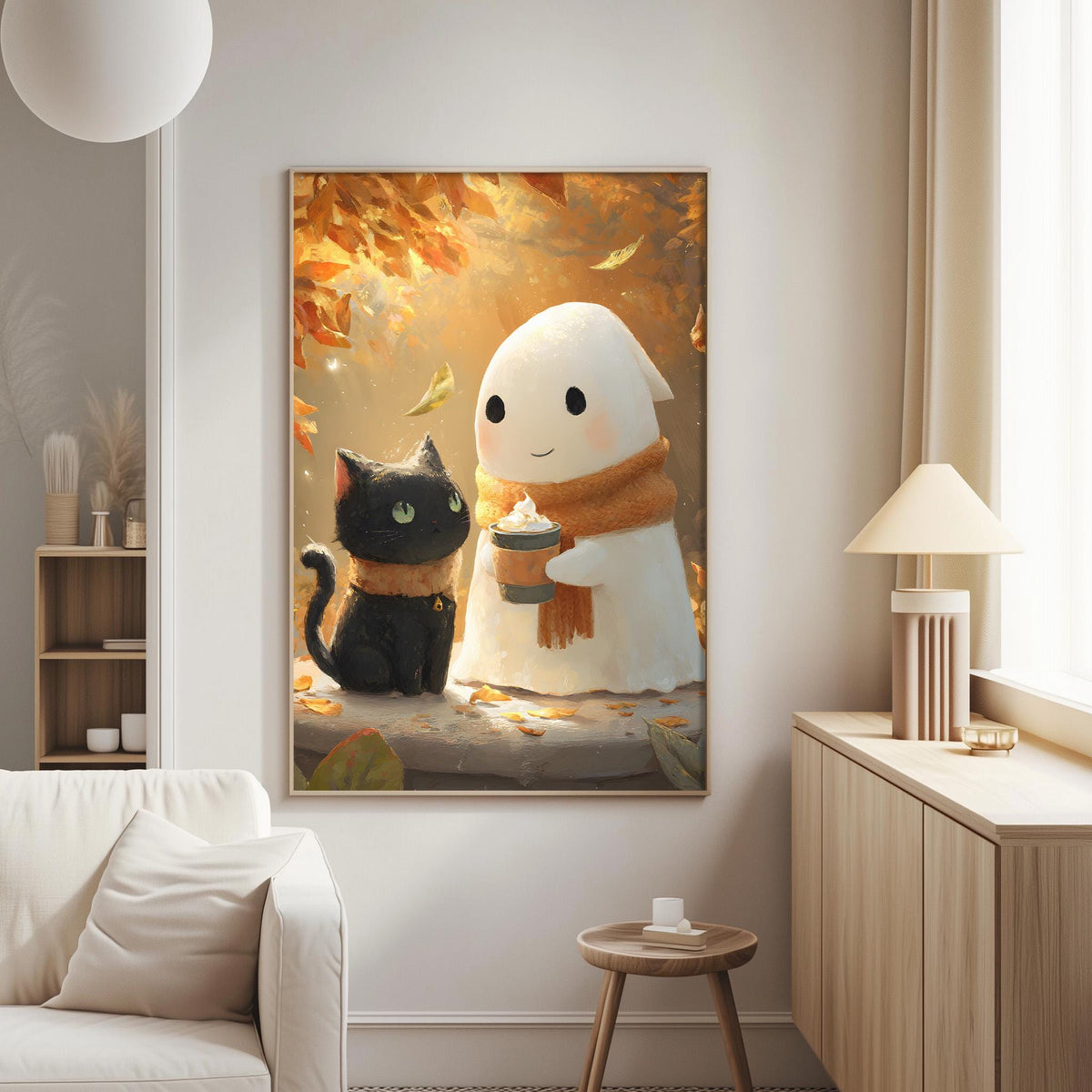 a cozy living room with a large framed picture hanging on the wall depicting a ghost and a black cat.