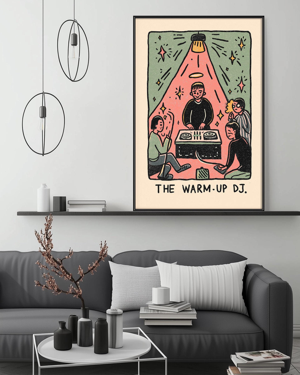 a cozy living room with a gray couch, a coffee table, and a framed illustration of a DJ performing at a party.