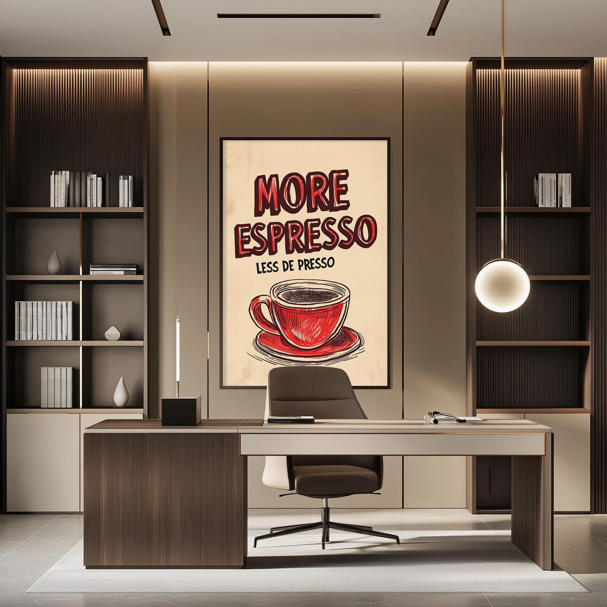 a modern office space with a large framed poster on the wall that says "MORE ESPRESSO LESS DE PRESSO". The poster is accompanied by an illustration of a cup of coffee. The office has a wooden desk, a chair, and a bookshelf filled with books. The overall design of the space is contemporary and minimalist.