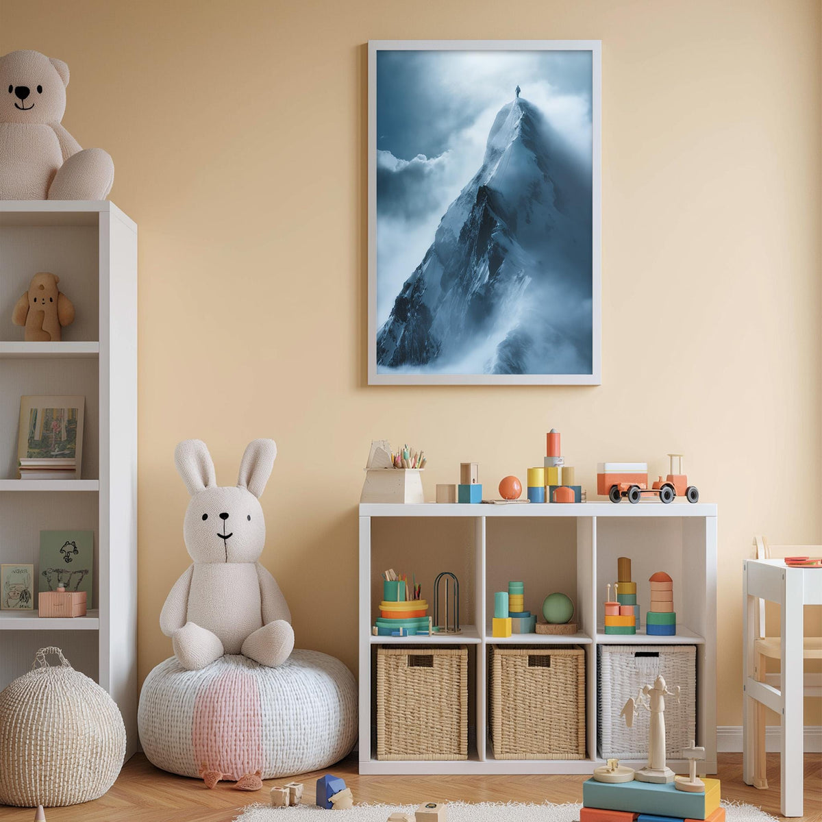 A cozy children's room with a large stuffed bunny, a bookshelf, and a toy storage unit filled with toys. A framed image of a mountain with a person standing on top is displayed on the wall above the storage unit.