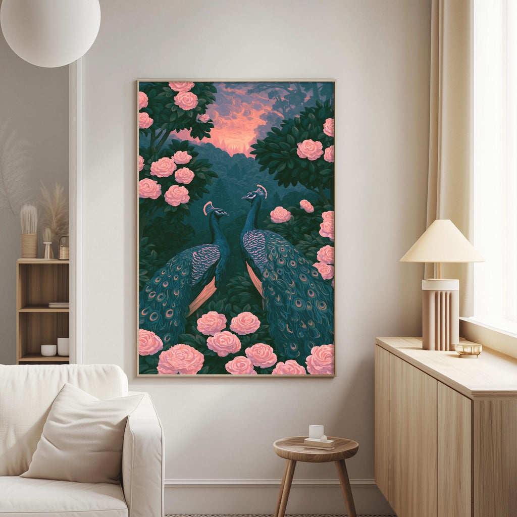 a large painting of two peacocks standing amidst a garden with pink flowers. The painting is hanging on a wall in a living room setting.